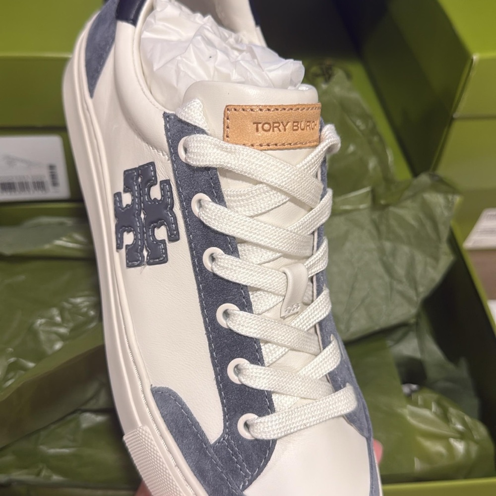 Tory Burch White Leather Sneakers with Navy Suede Accents